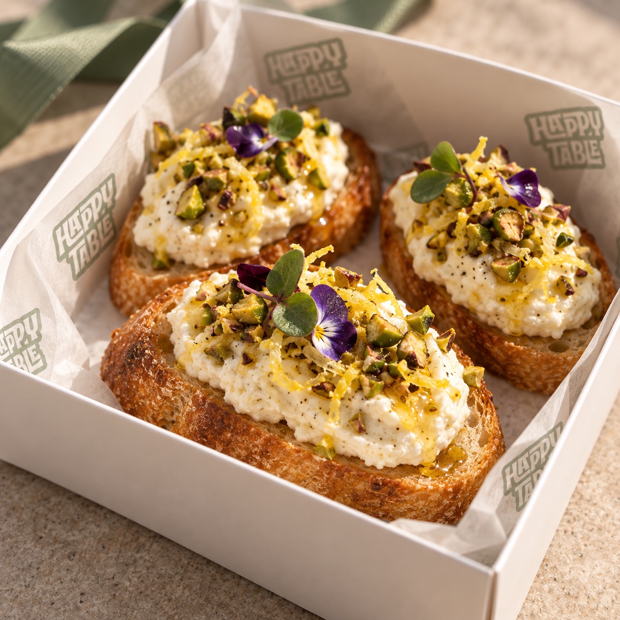 Crostini mit cremigem Belag, Pistazien und Zitrone in einer The Happy Table Box