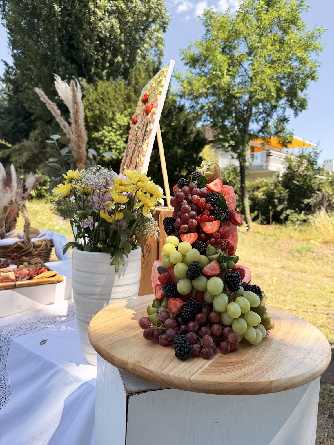 Fruchtpräsentation mit Trauben, Beeren und Melone bei einem Event im Grünen